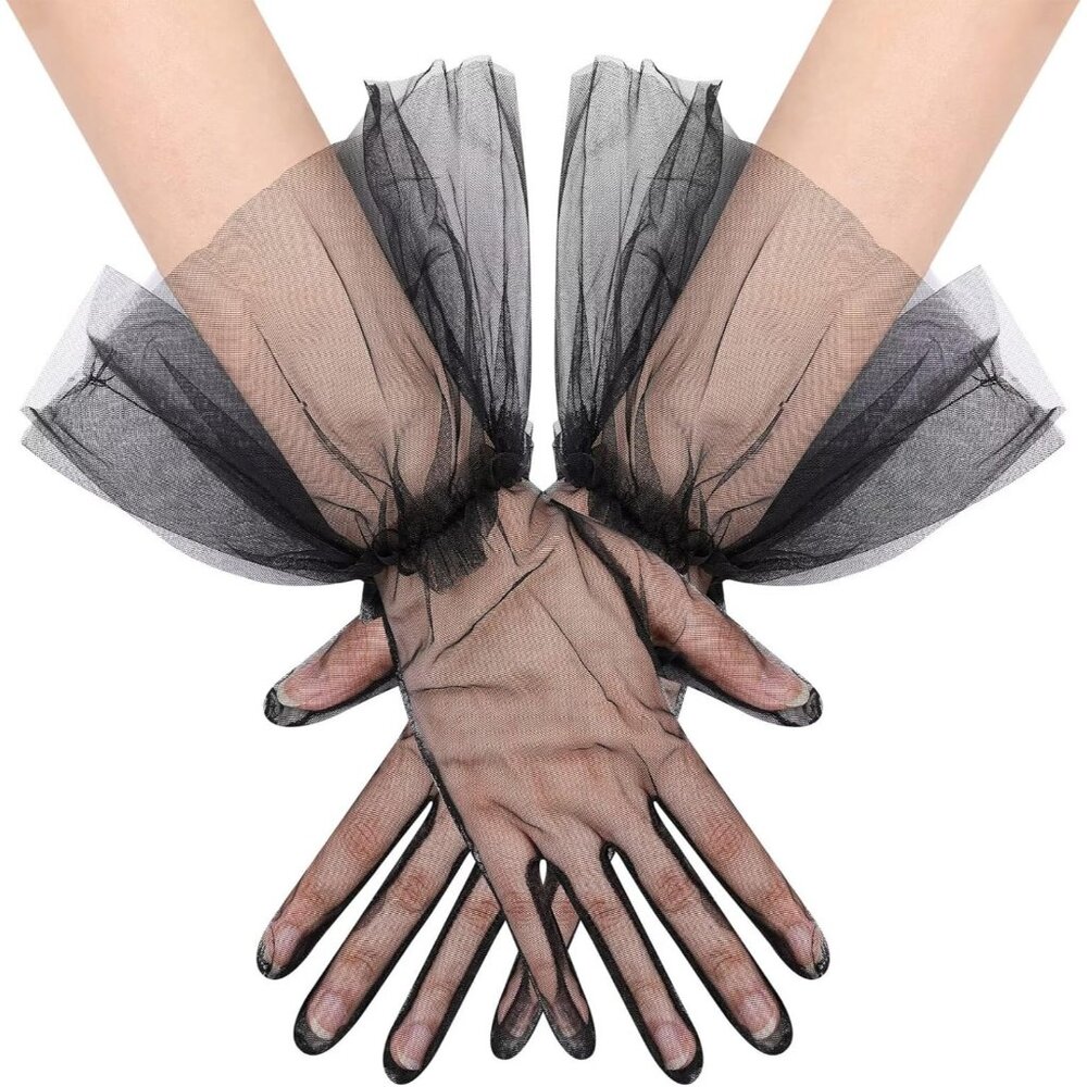 Women's Short Black Tulle Mesh Puffy Ruffle Gloves Wedding Party Prom Costume